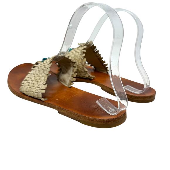 Henry Cuir Slide Sandals Leather‎ Woven Rattan Beaded Tan Brown Size 38 US 8 - Picture 8 of 13